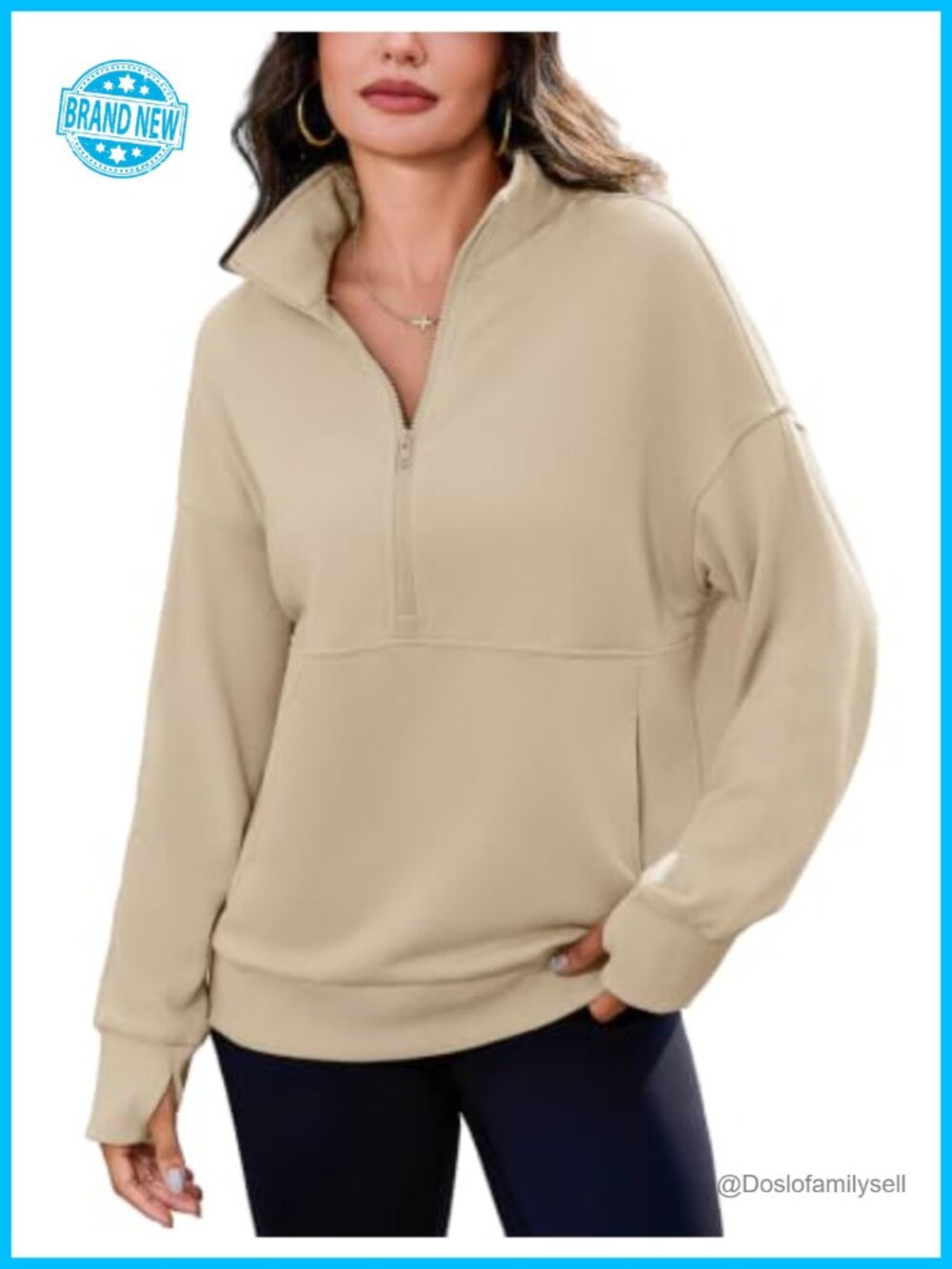 Half Zip Oversized Sweatshirt Drop Shoulder Pullover with Thumb Holes and